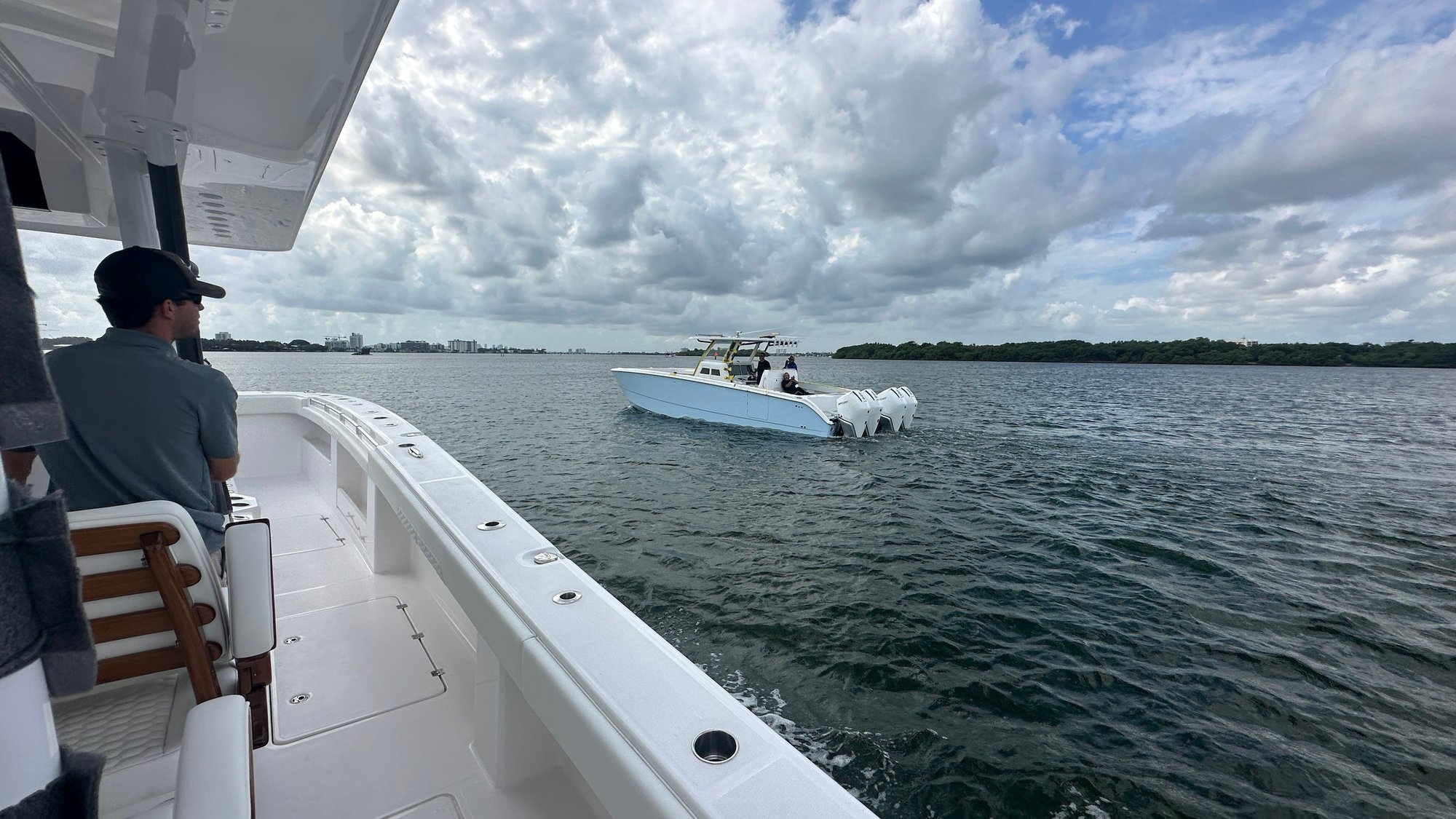 The Invincible 37' Catamaran comes to say hello to the 46' Catamaran on Sea Trial