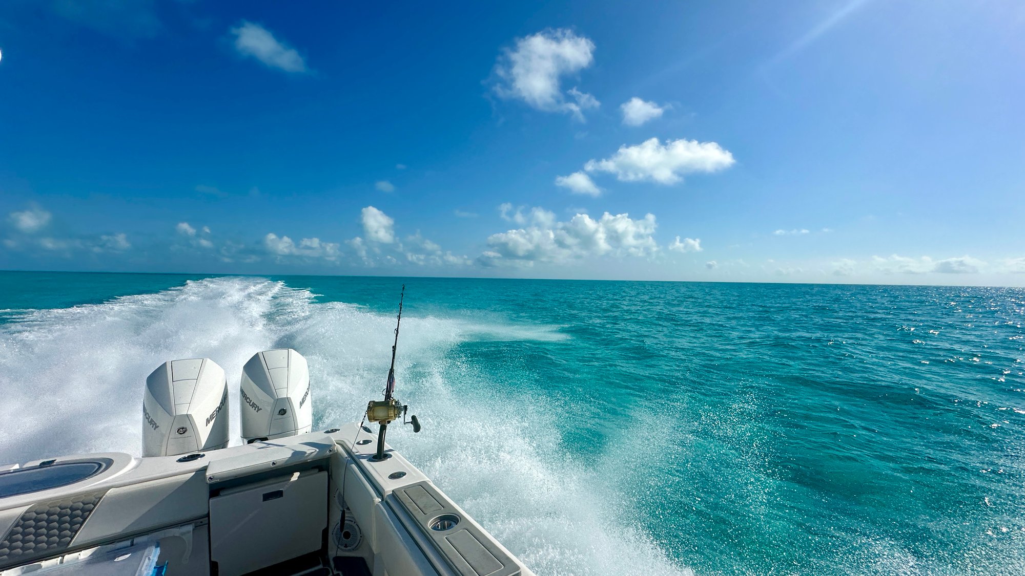 Aft view of the Mercury 300 V8 Verados powering Kalypso the 37' Catamaran home from the Wine Cellar TCI Fishing Tournament